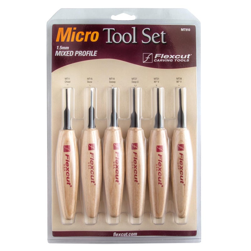 Flexcut Wood Carving Tools 1.5mm Mixed Profile Micro Tool Set of 6 MT910, 1095 High Carbon Steel Blades, Made in U.S.A. - Image 2